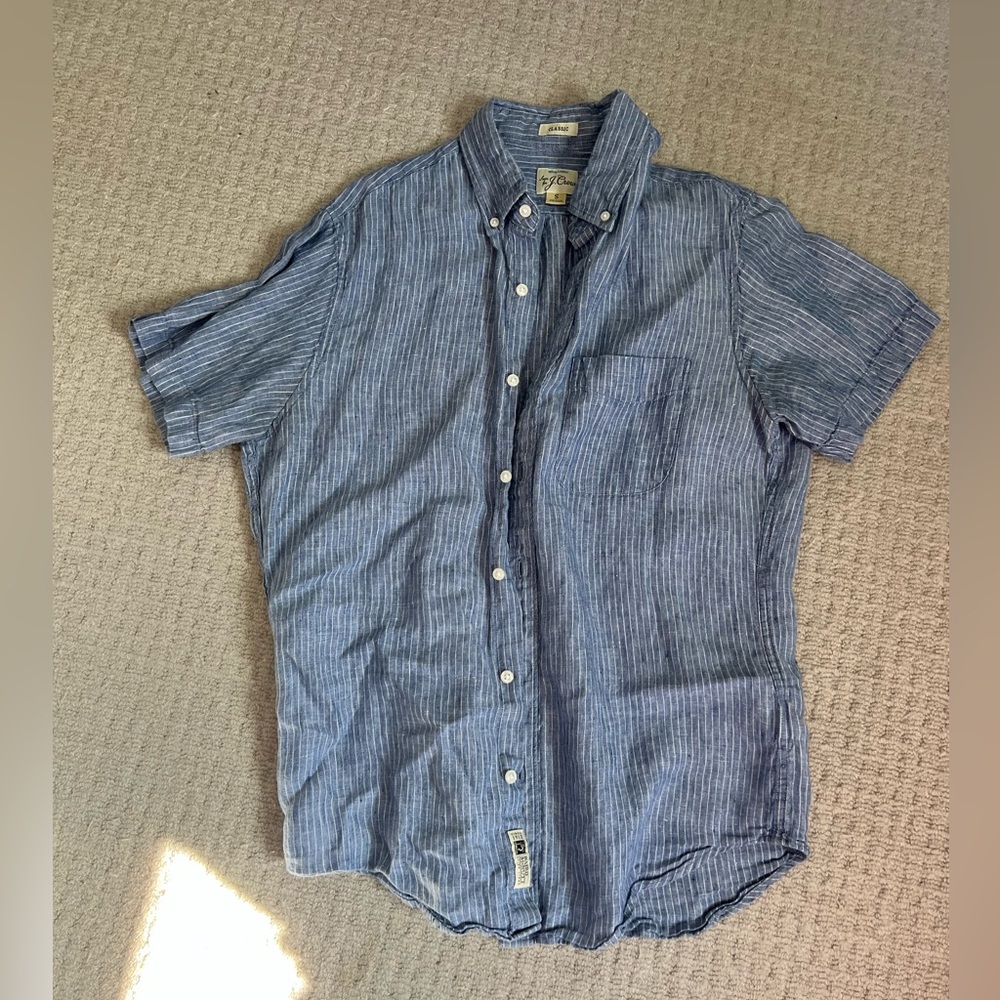JCrew mens, short sleeve button down, Irish Linen, blue stripes, small